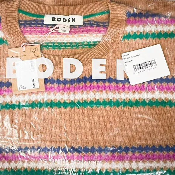 Boden Edie Fair Isle Sweater — Camel Brown Wool Crewneck Jumper XL NWT - Picture 7 of 8